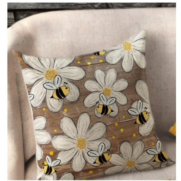 Honey Bee Decorative Throw Pillow Covers Spring Decor Yellow Floral Accent Cases - Picture 4 of 5
